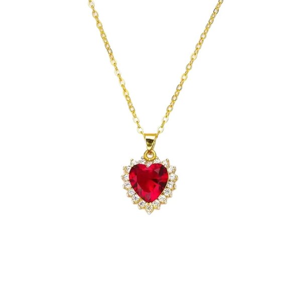 Gold Necklace with Red Heart Pendant - Picture 2 of 4